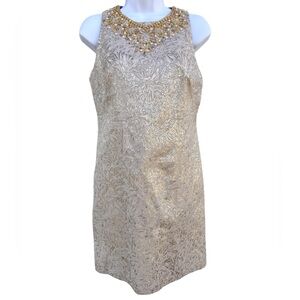 Maggy London Gold Brocade beaded Shift Dress - size 4